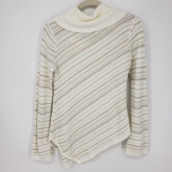 White House Black Market Asymmetrical Cowl Neck Striped Sweater XS Cream Gold - Picture 2 of 7